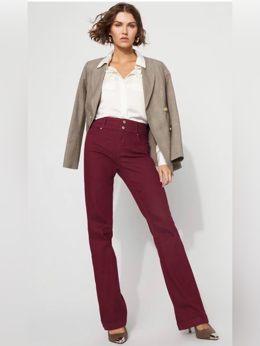 White House Black Market- High-Rise Double Waist Trouser Jeans in Burgundy